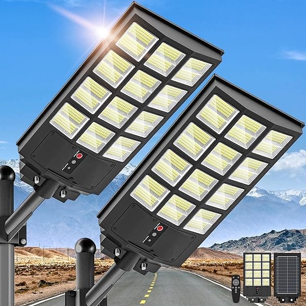 5000W Solar Street Light, Wide Angle Solar Lights Outdoor IP66 Waterproof, 6500K Dusk to Dawn, LED Security Flood Light with Motion Sensor and Remote Control for Residential Yard (2 Pack)